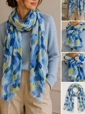 GOBI 100% Mongolian Cashmere Abstract Blue Yellow Fringe Long Scarf Wrap 63x22